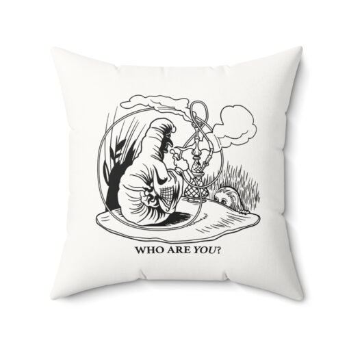“Who Are You?” Caterpillar & Alice Faux Suede Throw Pillow — Vintage Black & White Illustration