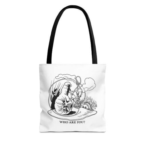 “Who Are You?” Caterpillar & Alice Tote Bag — Vintage Black & White Illustration