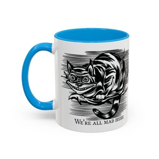“We’re All Mad Here” Cheshire Cat Color Accent Mug — Vintage Black & White Illustration | 11oz & 15oz