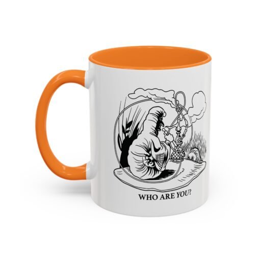 “Who Are You?” Caterpillar Color Accent Mug — Vintage Black & White Illustration | 11oz & 15oz
